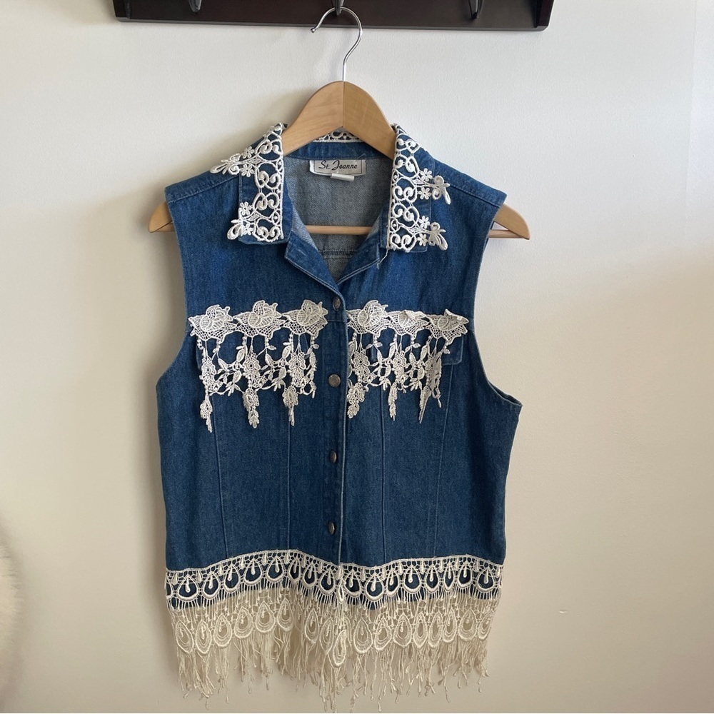 Vintage Handmade Denim Jean Vest w/ Lace Appliqué Fringe